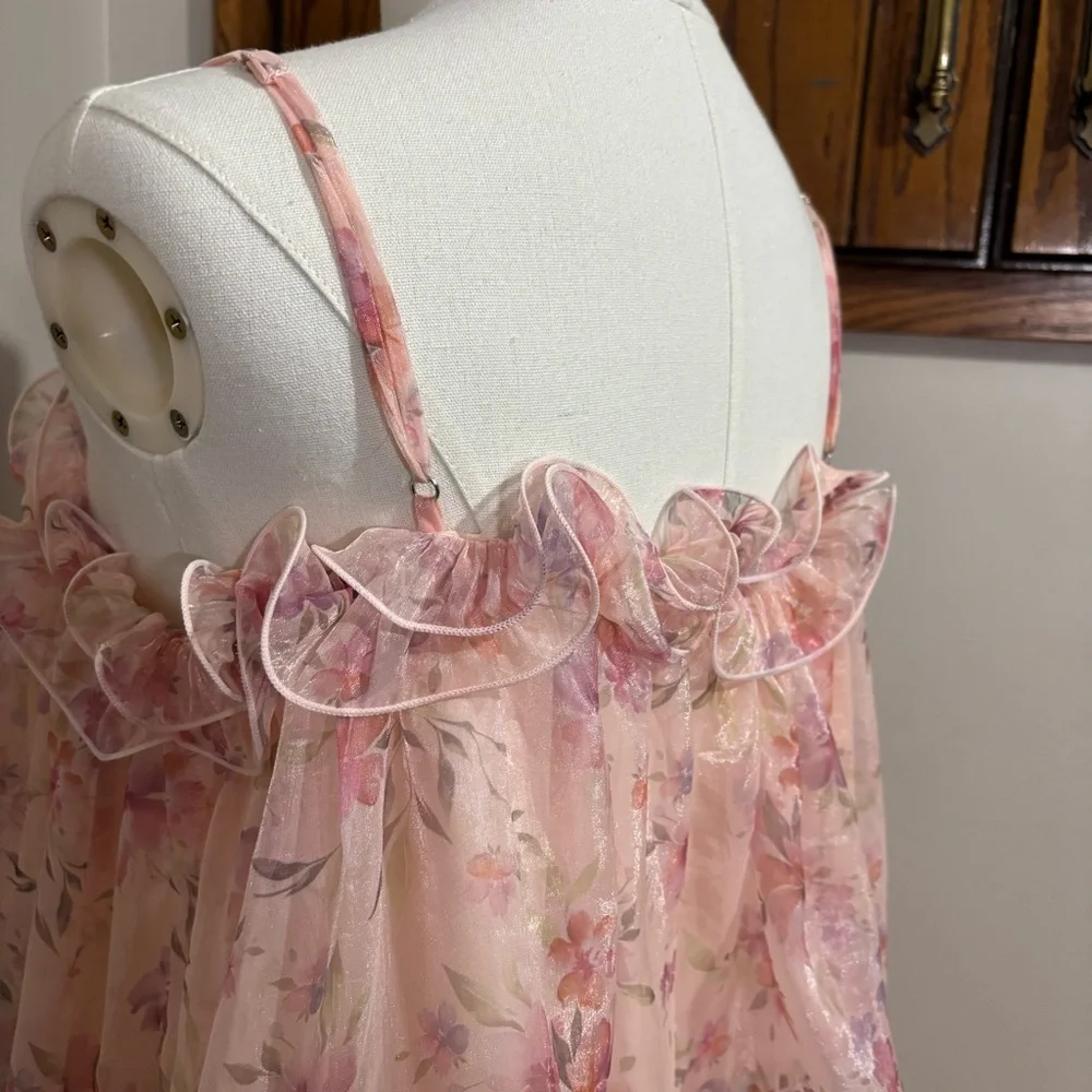 Pink Floral Chiffon Camisole Top Ruffle Tiered Spaghetti Strap Size Large - Picture 6 of 8